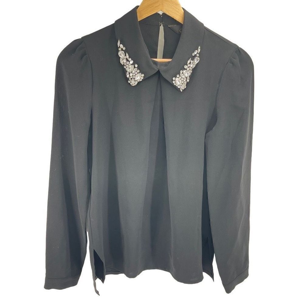 McGinn Black Embellished rhinestone collar Blouse shirt small vintage style blac